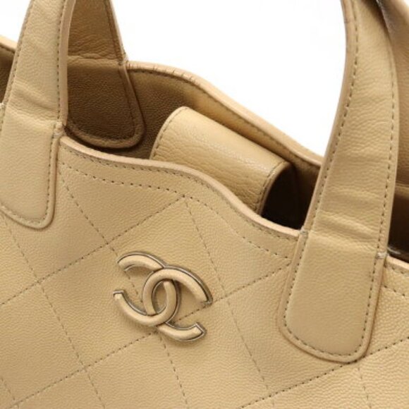 Authentic CHANEL CC Caviar Large 2Way Shoulder Tote Bag Chain Beige Leather - Picture 7 of 12